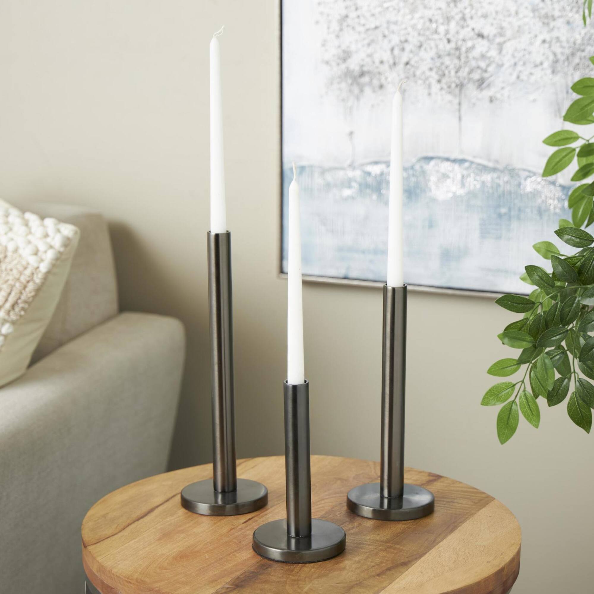Silver Stainless Steel Slim Decorative Candle Holder with Round Base Set